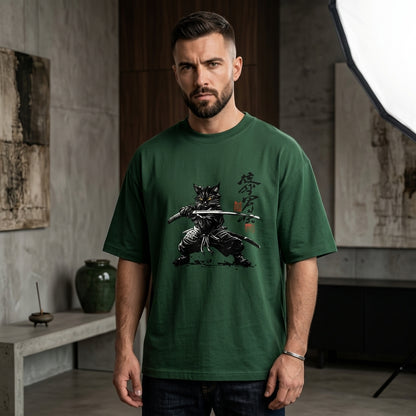 Forest green oversized t-shirt featuring a black samurai cat holding katanas with Japanese calligraphy artwork green