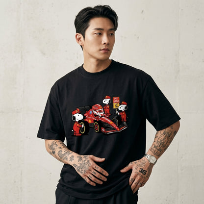 Snoopy racing graphic printed navy blue t shirt front design