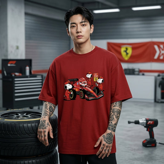 Cartoon motorsport themed streetwear t shirt for men