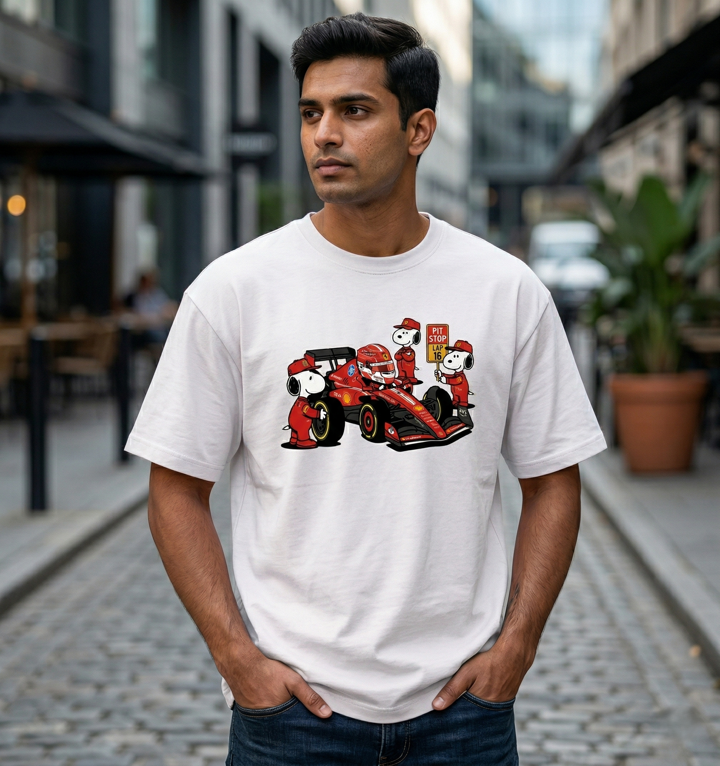 Racing pit stop graphic tee with cartoon characters