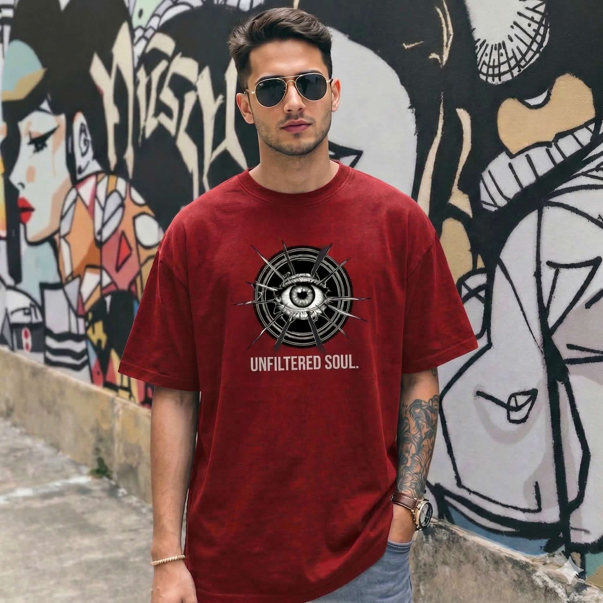 red oversized tshirt with unfiltered soul graphic STAYRAW streetwear