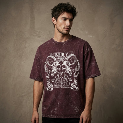 RED oversized acid wash t-shirt with unholy ram skull gothic graphic design on front