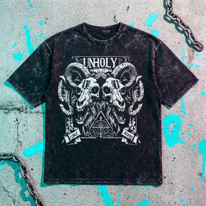 Unholy Skull Oversized Acid Wash T-Shirt – Gothic Streetwear 240 GSM Heavyweight Tee