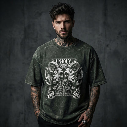 GREEN oversized acid wash t-shirt with unholy ram skull gothic graphic design on front
