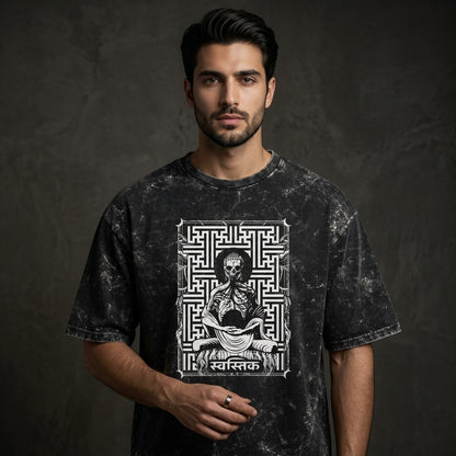 Swastik Skeleton Meditation Acid Wash Oversized T-Shirt – Gothic Spiritual Graphic Tee