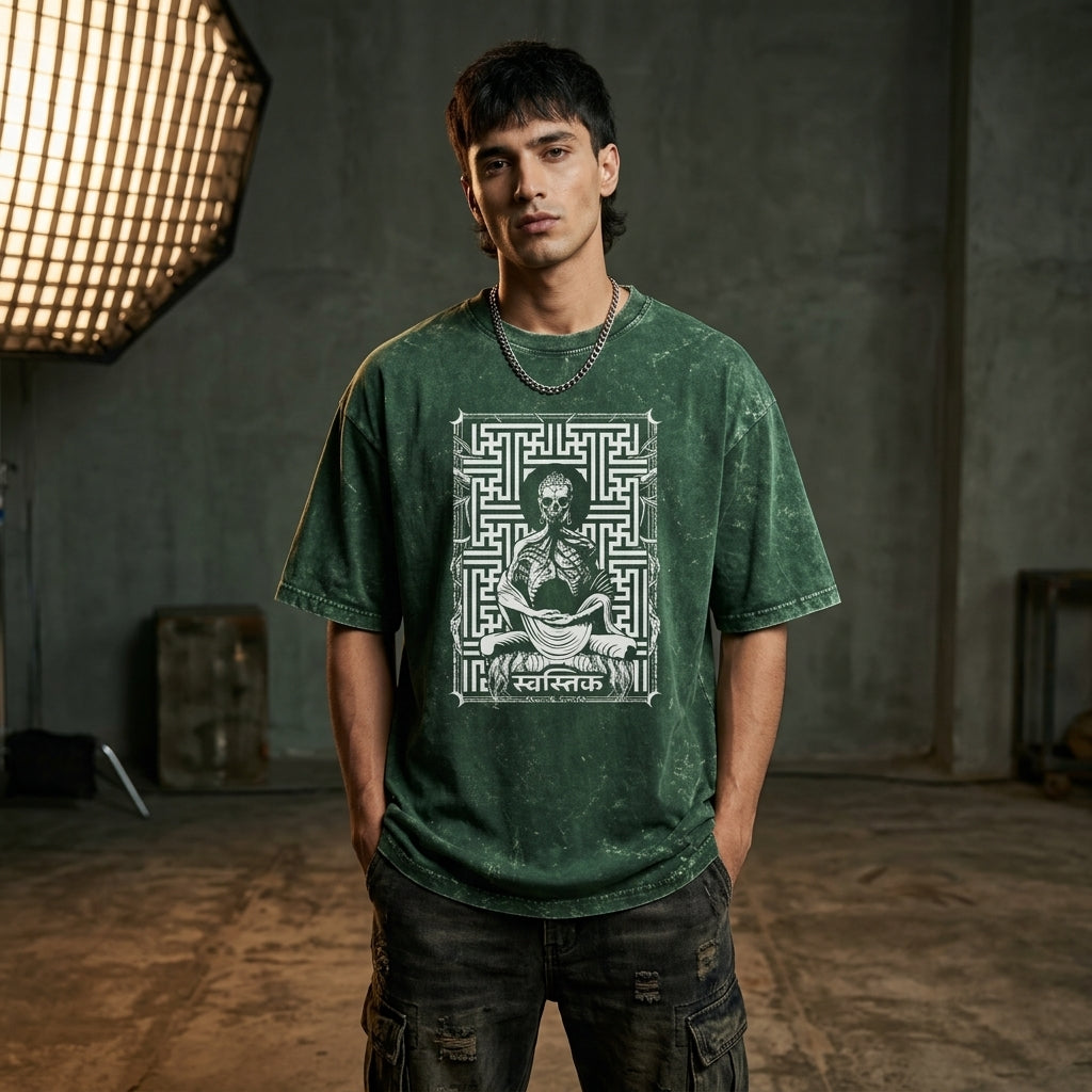Swastik Skeleton Meditation Acid Wash Oversized T-Shirt – Gothic Spiritual Graphic Tee