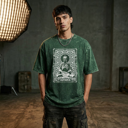 Swastik Skeleton Meditation Acid Wash Oversized T-Shirt – Gothic Spiritual Graphic Tee