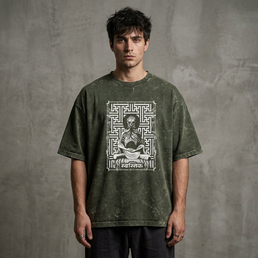 Swastik Skeleton Meditation Acid Wash Oversized T-Shirt – Gothic Spiritual Graphic Tee