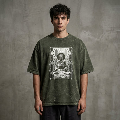 Swastik Skeleton Meditation Acid Wash Oversized T-Shirt – Gothic Spiritual Graphic Tee
