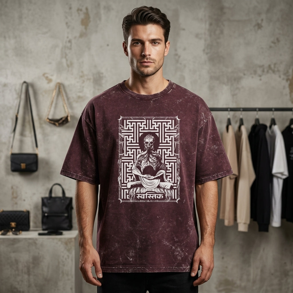 Swastik Skeleton Meditation Acid Wash Oversized T-Shirt – Gothic Spiritual Graphic Tee