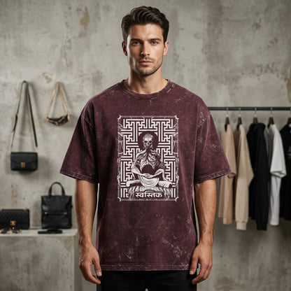 Swastik Skeleton Meditation Acid Wash Oversized T-Shirt – Gothic Spiritual Graphic Tee