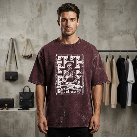 Swastik Skeleton Meditation Acid Wash Oversized T-Shirt – Gothic Spiritual Graphic Tee